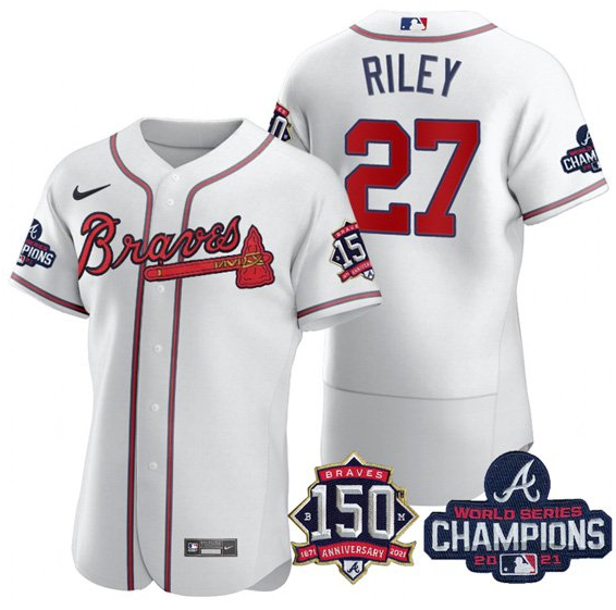 Men's Atlanta Braves #27 Austin Riley 2021 White World Series Champions With 150th Anniversary Flex Base Stitched Jersey Men's Atlanta Braves #27 Austin Riley 2021 White World Series Champions With 150th Anniversary Flex Base Stitched Jersey